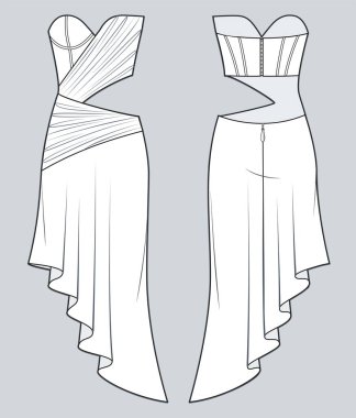 Asimetrik Drape Dress teknik moda illüstrasyonu. Kadın kesimleri Düz çizim şablonu, A-hattı, örtülü detay, fermuar, ön ve arka görünüm, beyaz, CAD modeli.    