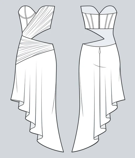 Asimetrik Drape Dress Teknik Moda Illüstrasyonu Kadın Kesimleri Düz Çizim — Stok Vektör