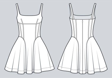 Kadın Mini Elbisesi Teknik Moda İllüstrasyonu. Omuz kayışlı, teknik çizim şablonu, ince forma, fermuar, korse, ön ve arka görüş, beyaz renk, CAD modeli..