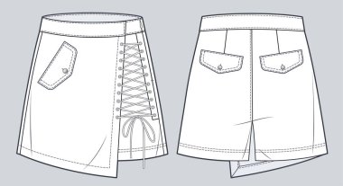  Kısa Pantolon, Etek Teknik Moda İllüstrasyonu. Kısa şortlar, etek moda düz çizim şablonu, yüksek bel, ön ve arka görüş, beyaz, kadın CAD modeli.