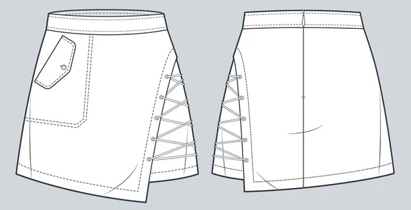 Застегните Шнурки Mini Skirt Технической Иллюстрации Моды Модная Плоская Юбка — стоковый вектор