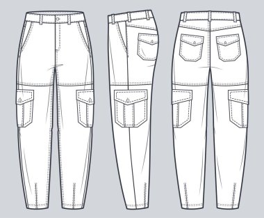 Kargo Pantolon Teknik Moda İllüstrasyonu. Kot pantolonlar moda düz çizim şablonu, cepler, ön, yan ve arka görünüm, beyaz, kadın, erkek, unisex CAD modeli.