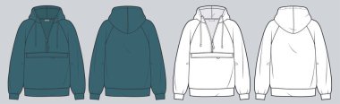 Unisex Hoodie teknik moda illüstrasyonu. Büyük boy Sweatshirt moda düz çizim şablonu, raglan kol, fermuar, cep, ön ve arka manzara, beyaz, yeşil, kadınlar, erkekler, unisex kaba model seti.