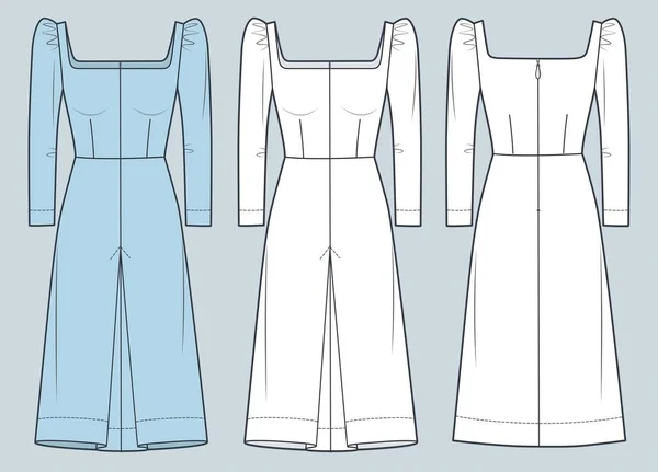 Dámské Midi Šaty Technické Módní Ilustrace Modrý Design Dress Fashion — Stockový vektor
