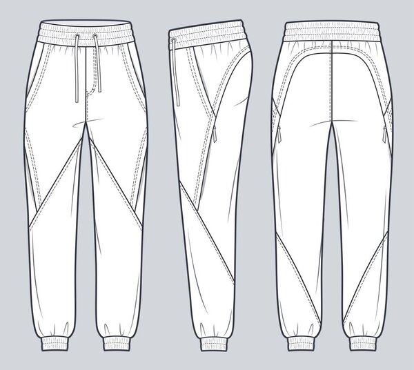 Jogger Pants fashion flat technical drawing template. Sports Sweat Pants technical fashion Illustration, side pockets, elastic waistband, front, side and back view, white, women, men, unisex CAD mockup set. 