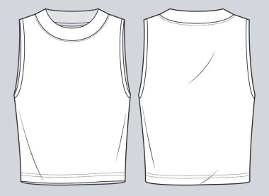 Unisex Tank Top teknik moda illüstrasyonu. Kolsuz tişört teknik çizim şablonu, yuvarlak boyun, kırpılmış ön ve arka görüş, beyaz renk, kadın, erkek, unisex CAD modeli.