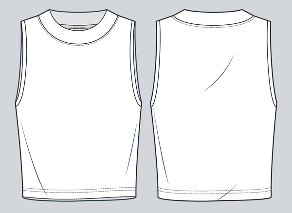 Unisex Tank Top的技术时尚示例 无袖T恤衫技术图纸模板 前后视图 单面Cad模型 — 图库矢量图片