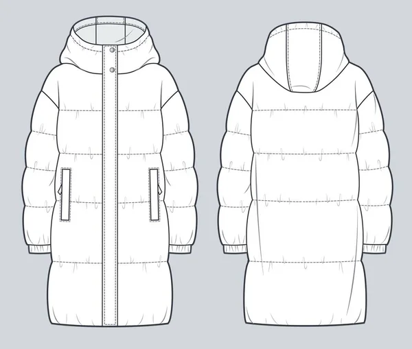 Unisex Puffer Coat Technikai Divat Illusztráció Kapucnis Papucs Párnázott Jacket — Stock Vector