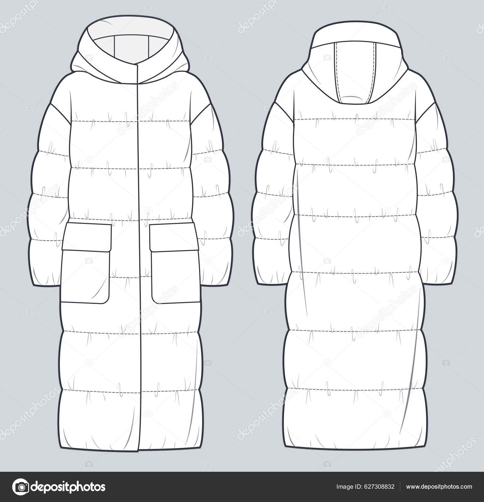 Womens Quilted Puffer Jacket Design Flat Sketch Illustration Down Puffa  Padded Jacket With Front And Back View Soft Shell Winter Jacket For Girls  And Ladies For Outerwear In Winter Stock Illustration 