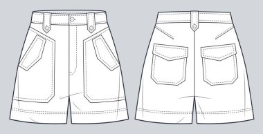 Kısa Pantolon teknik moda illüstrasyonu. Yüksek bel Shorts moda düz çizim şablonu, cepler, ön ve arka görüş, beyaz, kadın, erkek, unisex CAD modeli.