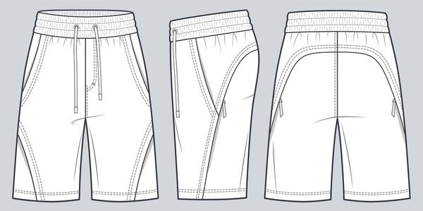 Jogger Short Pants technical fashion Illustration. Sport Shorts fashion flat technical drawing template, front, side and back view, front and side pockets, white, women, men, unisex CAD mockup.