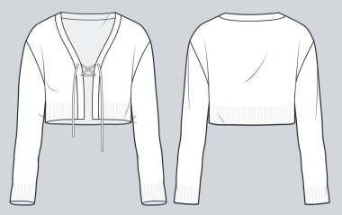 Kadın Cardigan teknik moda illüstrasyonu. Kesilmiş örgü Cardigan moda düz çizim şablonu, v yaka, uzun kol, dantel, ön ve arka görüş, beyaz, CAD modeli.