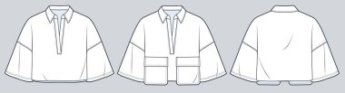 Polo Tişört Teknik Moda İllüstrasyonu. Kesilmiş Polo Shirt moda düz çizim şablonu, kısa kollu, büyük beden, polo yaka, cepler, ön ve arka görüş, beyaz, kadın, unisex CAD modeli.