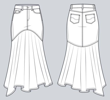 Denim Etek Teknik Moda İllüstrasyonu. Etekli moda düz çizim şablonu, maksimum uzunluk siluet, cepler, ön ve arka manzara, beyaz, kadın CAD modeli.