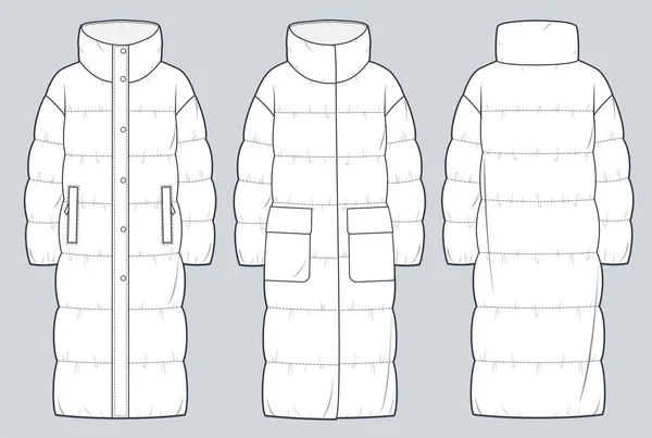 Set Puffer Coats Technikai Divat Illusztráció Kabátok Műszaki Rajz Sablon — Stock Vector