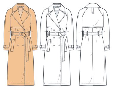 Klasik Trençkot Teknik Moda İllüstrasyonu. Raglan Kollu Ceket Düz Teknik Şablon, Midi uzunluğu, cebi, ön ve arka görünümü, beyaz, deve rengi, kadınlar, erkekler, unisex CAD model seti.
