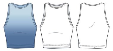 Crop Top technical fashion illustration, blue design. Tank Top fashion technical drawing template, round neck, slim fit, front and back view, white color, women, men, unisex CAD mockup set. clipart