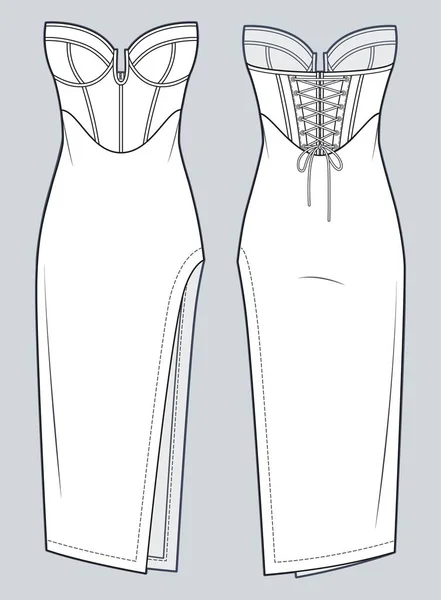 Women Bustier Dress Technical Fashion Illustration Corset Strapless Midi Dress — Vettoriale Stock