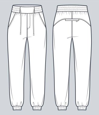 Jogger Pants technical fashion illustration. Sports Sweat Pants fashion flat technical drawing template, pockets, elastic waistband, front and back view, white, women, men, unisex CAD mockup. 