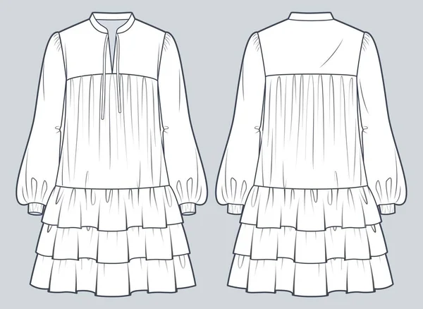Tiered Mini Dress Technical Fashion Illustration Ruffled Dress Fashion Flat — Vettoriale Stock