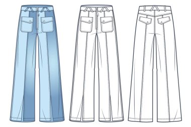 Unisex Jeans Pants technical fashion illustration, fashion concept. Wide Jeans fashion flat technical drawing template, medium waist, front slit, front and back view, white, women, men, unisex CAD mockup set. 