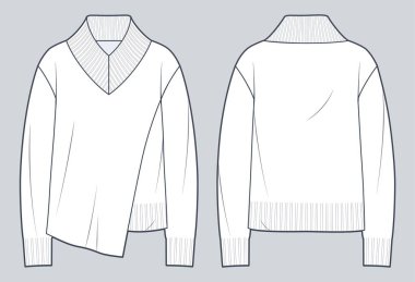 Sweater, Jumper technical fashion illustration. Asymmetric Sweatshirt fashion flat technical drawing template, overfit, v neck, front and back view, white, women, men, unisex CAD mockup.