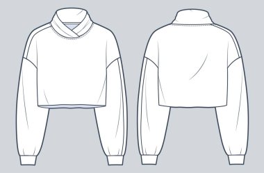 Kırpılmış Sweatshirt teknik moda illüstrasyonu. Roll Neck Sweatshirt moda düz çizim şablonu, büyük boy, ön ve arka görünüm, beyaz renk, kadınlar, erkekler, unisex CAD modeli.