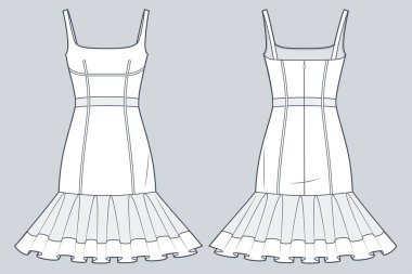 Detaylı, teknik moda illüstrasyonuyla giyin. Ruffles mini elbise düz teknik çizim şablonu, kayışlar, fermuar, dar kesim, ön ve arka görüş, beyaz, kadın CAD modeli.    