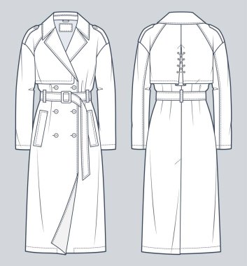 Trench Coat technical fashion Illustration. Classic Trench Coat fashion flat technical drawing template, midi length, long sleeve, pocket, front and back view, white, women, men, unisex CAD mockup.