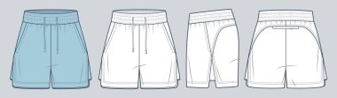 Sport Shorts technical fashion illustration. Sweat Short Pants fashion flat technical drawing template, elastic waist, side slit, pockets, front, side and back view, white, blue, women, men, unisex CAD mockup set.