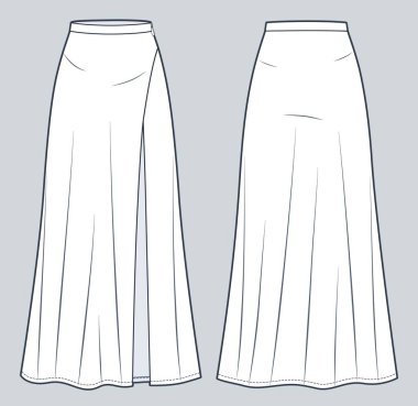 Women Long Maxi Length Skirt technical fashion illustration. Girls Skirt fashion flat technical drawing template, A-line, zip-up, front slit, front and back view, white color, women CAD mockup.    