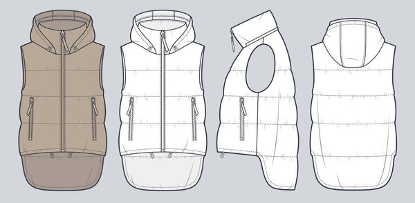 Hooded sleeveless Jacket technical fashion Illustration. Vest Puffer Jacket fashion flat technical drawing template, pocket, asymmetrical hem, hood, front, side, back view, white, feather gray, women, men, unisex CAD mockup set.