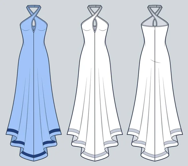 Halter Dress Technical Fashion Illustration Blue Design Maxi Dress Fashion — Stockvektor