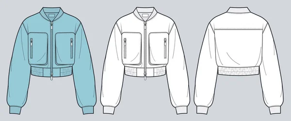 Bomber Jacket Fashion Flat Technical Drawing Template Blue Design Oversize — Vetor de Stock