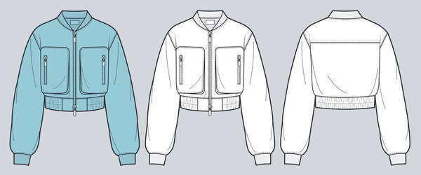 Bomber Jacket fashion flat technical drawing template, blue design. Oversize sports Jacket, Sweatshirt technical fashion Illustration, front and back view, white, patch pockets, zip-up, women, men, unisex CAD mockup set.