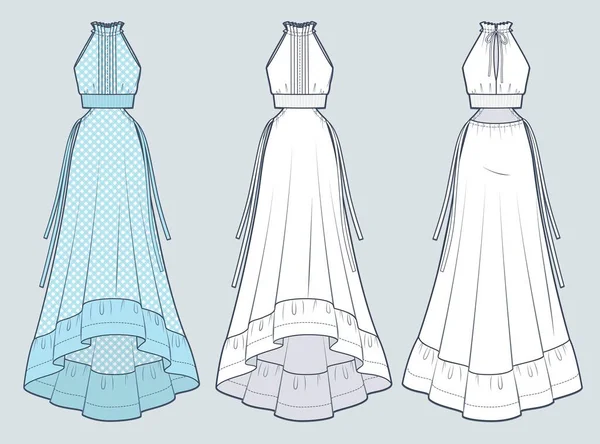Halter Dress Illustrazione Tecnica Moda Disegno Quadri Blu Maxi Dress — Vettoriale Stock