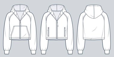 Zip-up Raglan sleeve Hoodie technical fashion illustration. Hooded Sweatshirt fashion flat technical drawing template, cropped, raw, oversized, front and back view, white, women, men, unisex CAD mockup set.