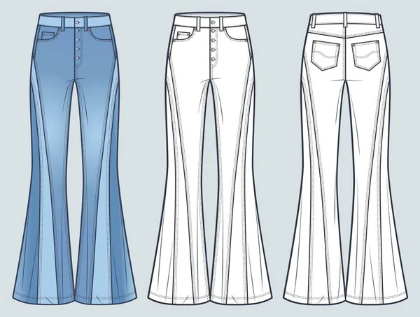 Flared Jeans Byxor Teknisk Mode Illustration Blå Design Denim Byxor — Stock vektor