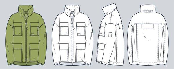 Unisex Jacket technical fashion illustration. Parka Jacket fashion flat technical drawing template, zip-up, multi pockets, front, side, back view, white,  green color, women, men, unisex CAD mockup set.