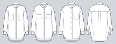 Band Collar Shirts 'ün teknik moda illüstrasyonu. Klasik düğmeli gömlek düz teknik çizim şablonu, uzun kollu, büyük beden, ön ve arka görüş, beyaz, kadın, erkek, unisex CAD modeli.