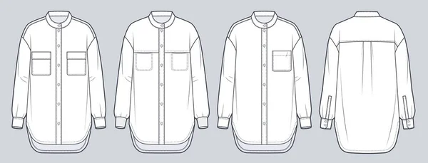 Набор Рубашек Ленточным Воротником Классический Плоский Технический Рисунок Стиле Button — стоковый вектор