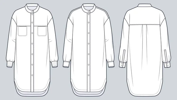 Band Collar Shirt Dress Moda Tecnica Illustrazione Abito Abbottonato Modello — Vettoriale Stock
