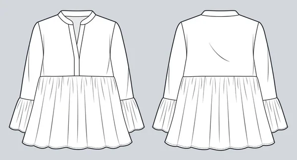 ラッフルトップ技術的なファッションイラスト 4分の3スリーブシャツファッションフラット技術図面テンプレート バンドカラー フロントとバックビュー ホワイトカラー 女性のCadモックアップ — ストックベクタ