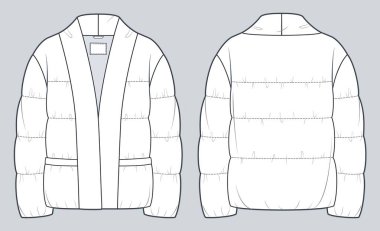 Unisex yastıklı ceket teknik moda illüstrasyonu. Down Jacket, Outerwear teknik çizim şablonu, cep, ön ve arka görünüm, beyaz, kadın, erkek, unisex CAD modeli.