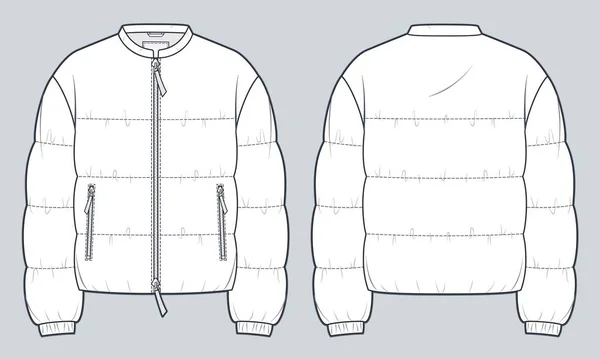 Zip Jacket 기술적 일러스트레이션 Quilted Padded Jacket Outerwear Technical Drawing — 스톡 벡터