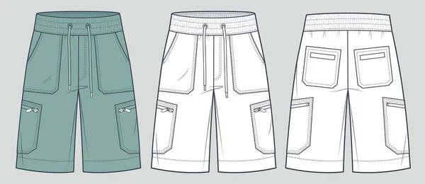 Short Cargo Pants Техническая Мода Иллюстрация Плоский Технический Рисунок Карманы — стоковый вектор