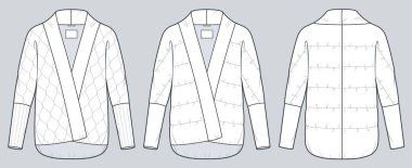 Doldurulmuş Ceket Teknik Moda İllüstrasyonu. Batwing Kol Aşağı Ceket, Giysi Teknik Şablonu, Yan cebi, ön ve arka görünümü, Beyaz, kadın, erkek, unisex CAD modelleme seti.