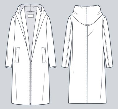 Kapüşonlu ceket teknik tasviri. Büyük Palto, Eşofman Düz Teknik Şablon, Midi uzunluğu, uzun kol, cepler, ön ve arka görüş, beyaz, kadın, unisex CAD modeli.