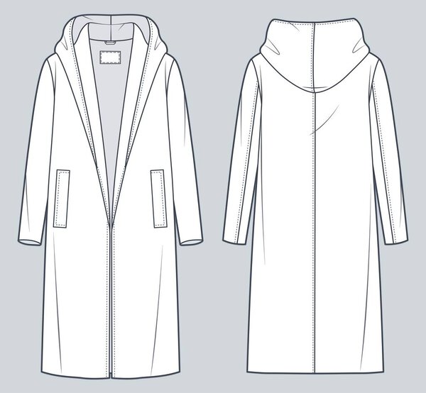 Hooded Coat technical fashion Illustration. Oversize Coat, Outerwears fashion flat technical drawing template, midi length, long sleeve, pockets, front and back view, white, women, men, unisex CAD mockup.