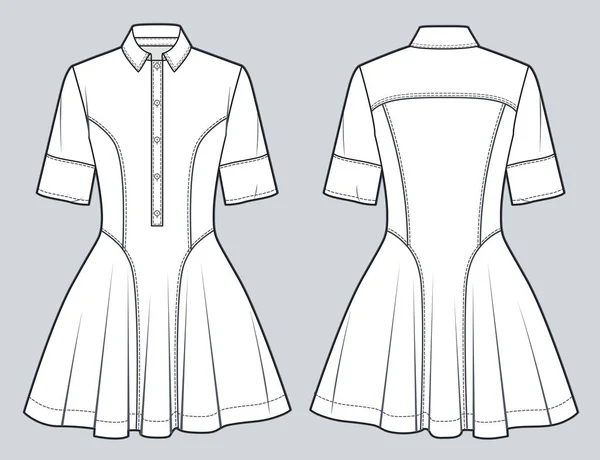 드레스 일러스트레이션 Short Sleeve Dress Technical Drawing Template Slim Fit — 스톡 벡터